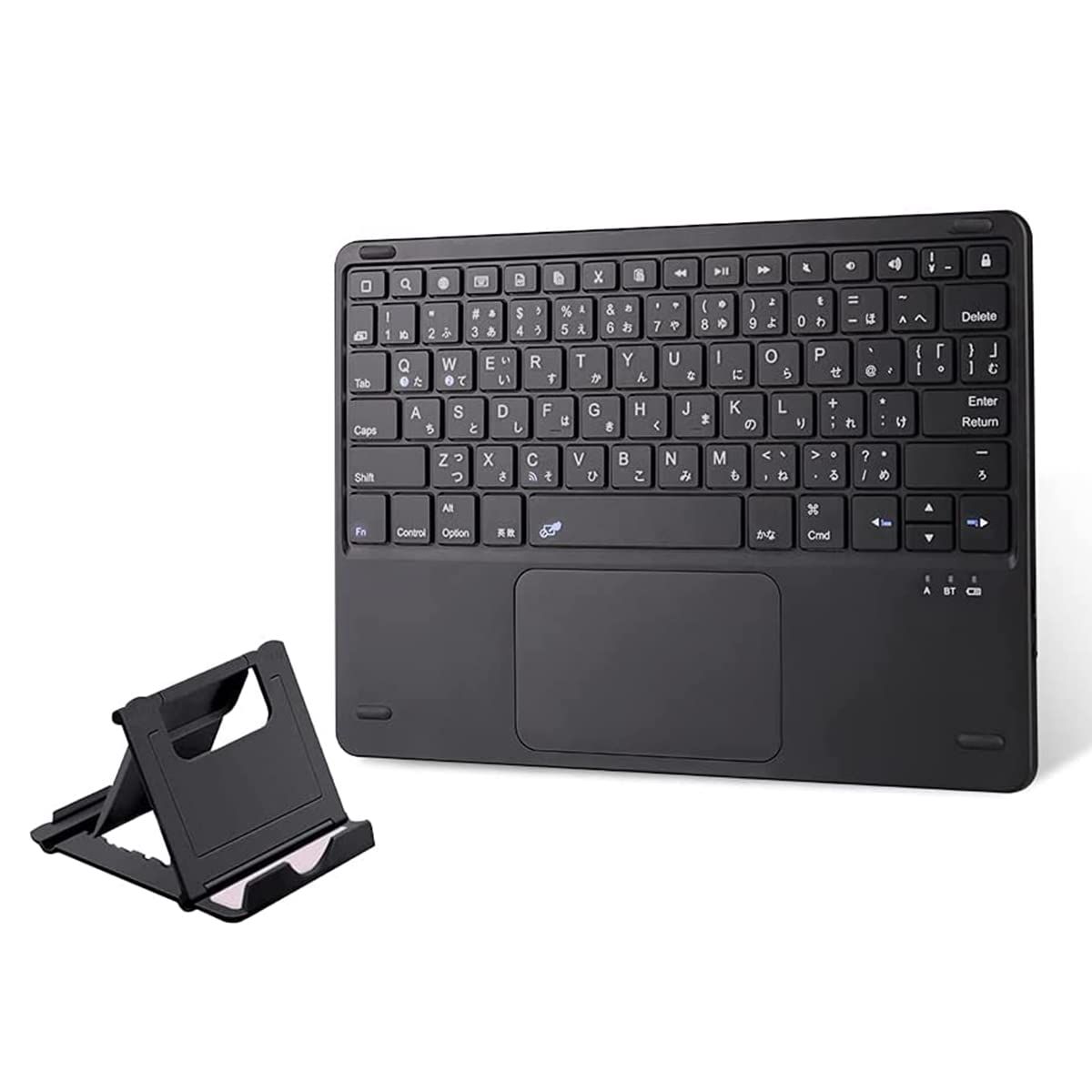 無線 タブレット keyboard 充電式 オートスリープ 2台のiOSデバイス切り替え可能 ロック可能 薄型 タッチパッド搭載 スタンド付き 軽量 JIS日本語配列 iPad/iPhone用 日本語説明書 ワイヤレス bluetooth ブラック キーボード