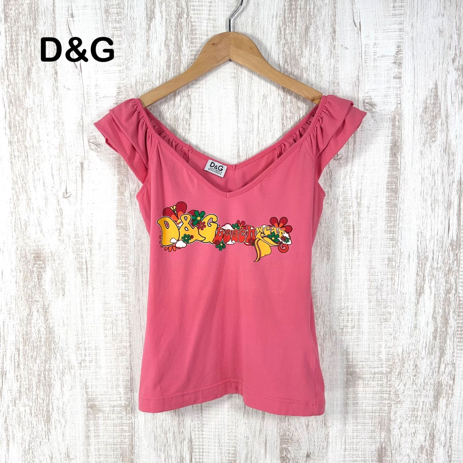 美品 00s D&G DOLCE&GABBANA ドルチェアンドガッバーナ トロピカルビーチ ロゴプリント ティアードスリーブ カットソー ピンク レディース y2k 平成ギャル