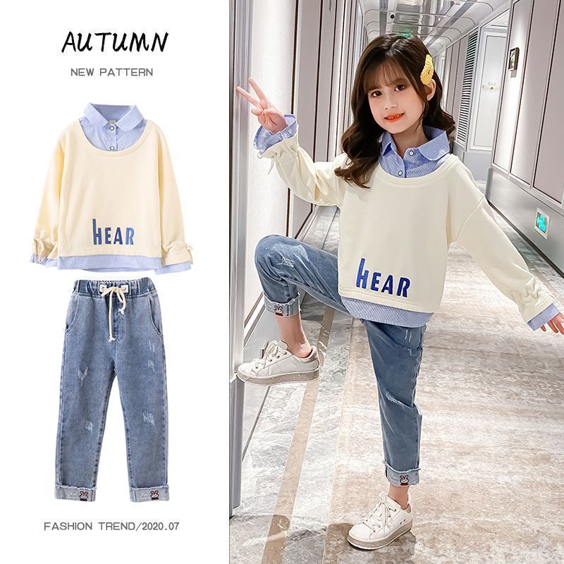 新品 子供服 キッズ 重ね着風 2点セット 上下セット トップス デニムパンツ 女の子 子供 セットアップ パンツ プルオーバー ガールズ シジュニアカジュアル 長袖 春秋 mlqay