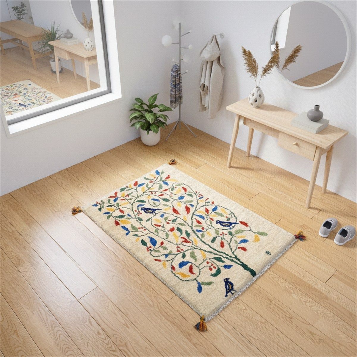 「ハンドメイド」「北欧風」「天然ウール」ペルシャ　ギャッベ　マット大　ラグ　118x80cm　鳥　蔦　ベージュ　RJ15313