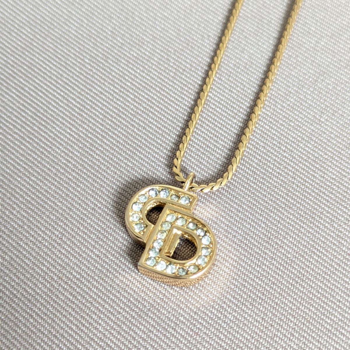 Christian Dior CD Logo Necklace Gold Rhinestone クリスチャン