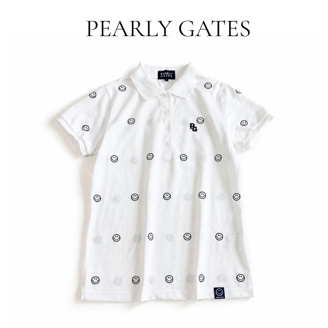PEARLY GATES ポロシャツ スマイル柄 ニコちゃん 半袖 ホワイト ゴルフ