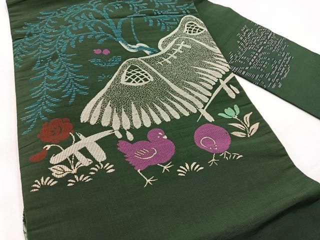 平和屋着物●アンテイーク　大正ロマン　半幅帯　絵皿花鳥文　正絹　逸品　CABF5349hy 平和屋着物◎アンティーク 大正ロマン 半幅帯 花鳥文 黒地 正絹 逸品