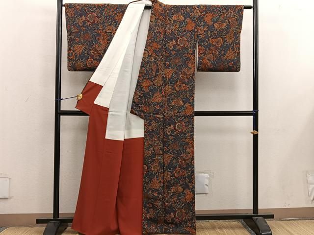 平和屋着物□上質な小紋 孔雀更紗花文 鬼しぼ縮緬 正絹 逸品