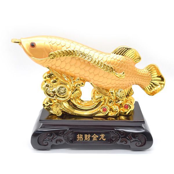 アロワナの置物 龍魚 如意棒 黒台座付き 樹脂製 29cm
