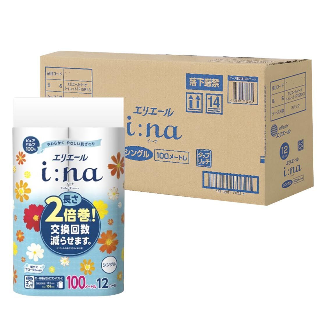 【特価セール】トイレットペーパー i:na(イーナ) 2倍巻き エリエール 100m×36ロール(12ロール×3パック) シングル パルプ100% 華やぐフローラルの香り
