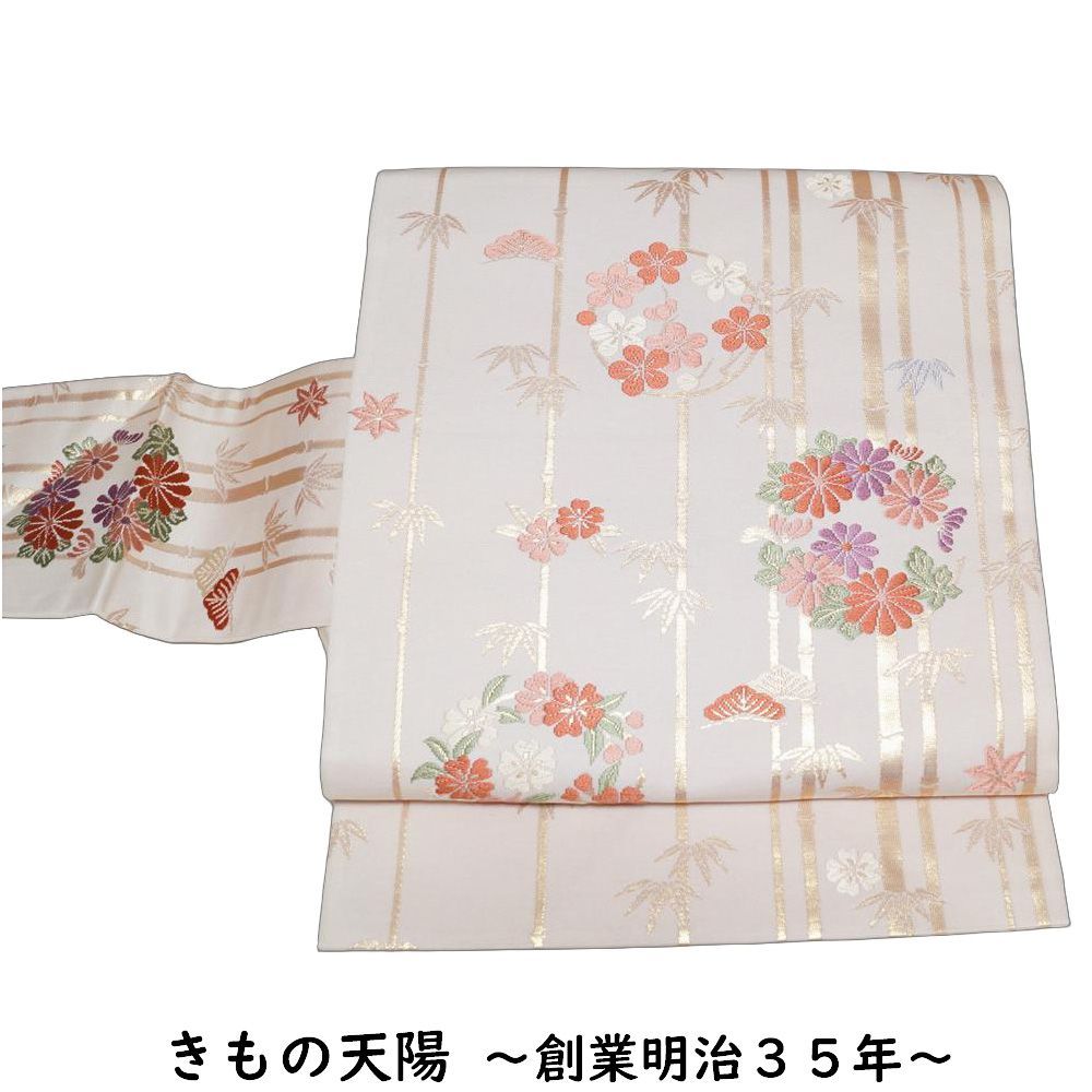 名古屋帯 アンティーク 絹 六通柄 雪輪に花模様 赤色ｘ多色 金糸 刺繍入り 昔名古屋帯 昔帯 名古屋帯仕立て 大正ロマン  長さ334cm 【キモノオフ野々市若松店】 名古屋帯 竹縞に花丸紋模様 金糸 刺繍 六通柄 薄い生成り色系 【中古