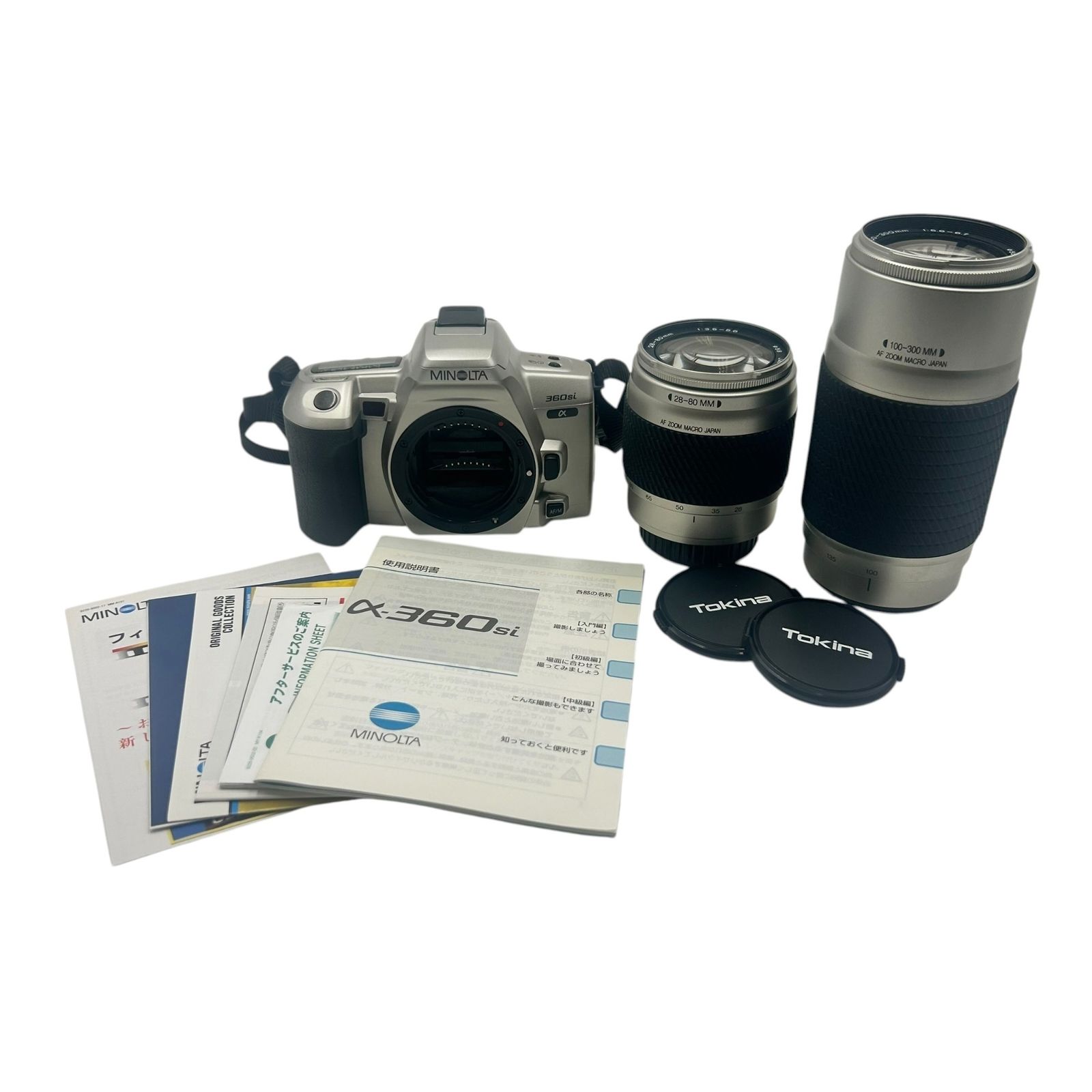 MINOLTA α-360si 一眼レフカメラ ダブルレンズ付き □MINOLTA α-360si フィルム一眼レフ Tokina 28-80mm 100-300mm レンズ