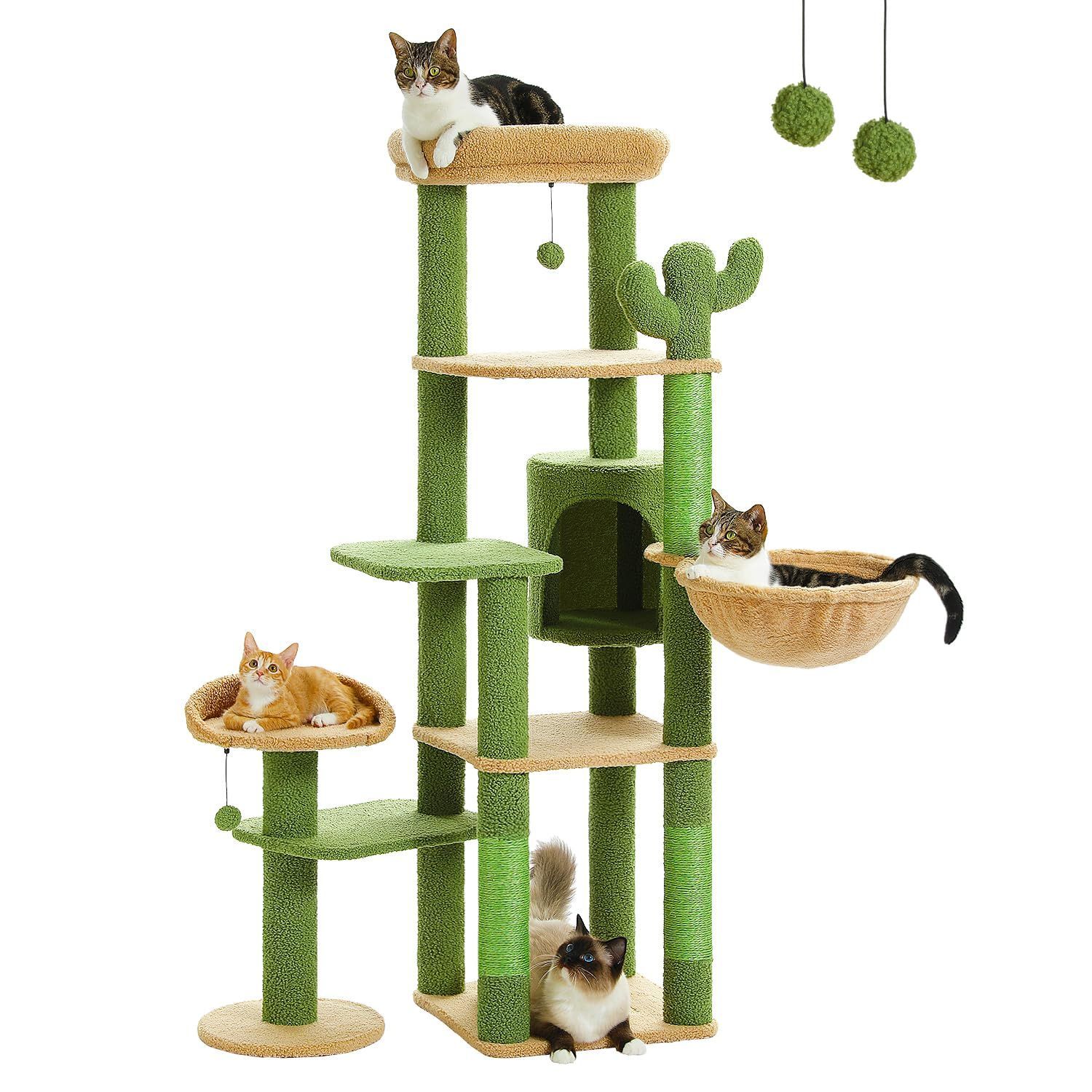 【即日発送】サボテン スリム キャットタワー 多頭飼い 大型猫用 据え置き おしゃれ 爪とぎポール 猫ハウス ハンモック PETEPELA(ぺテぺラ) 猫タワー 爪研ぎ サイザル麻 ポンポンおもちゃ 高さ150cm グリーン