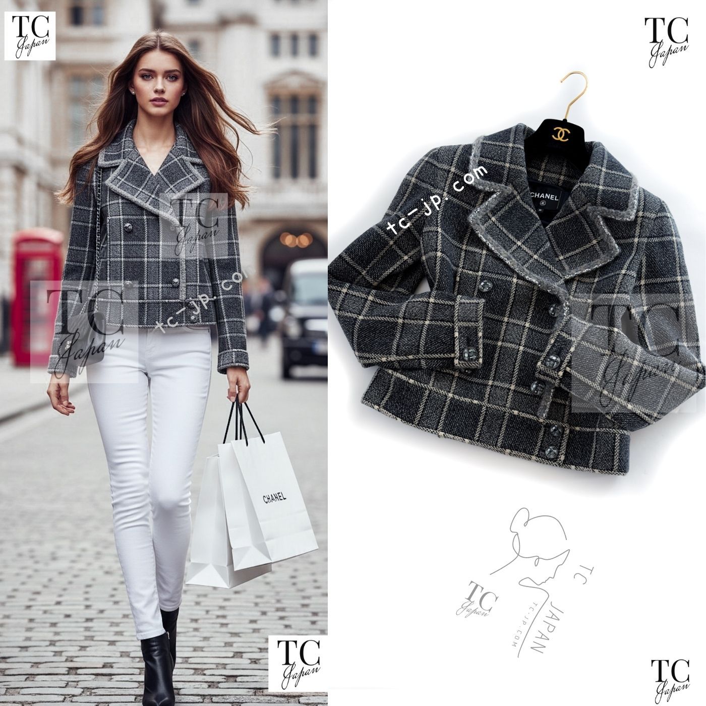 シャネル ジャケット コート CHANEL 22PF 2022 グレー チェック