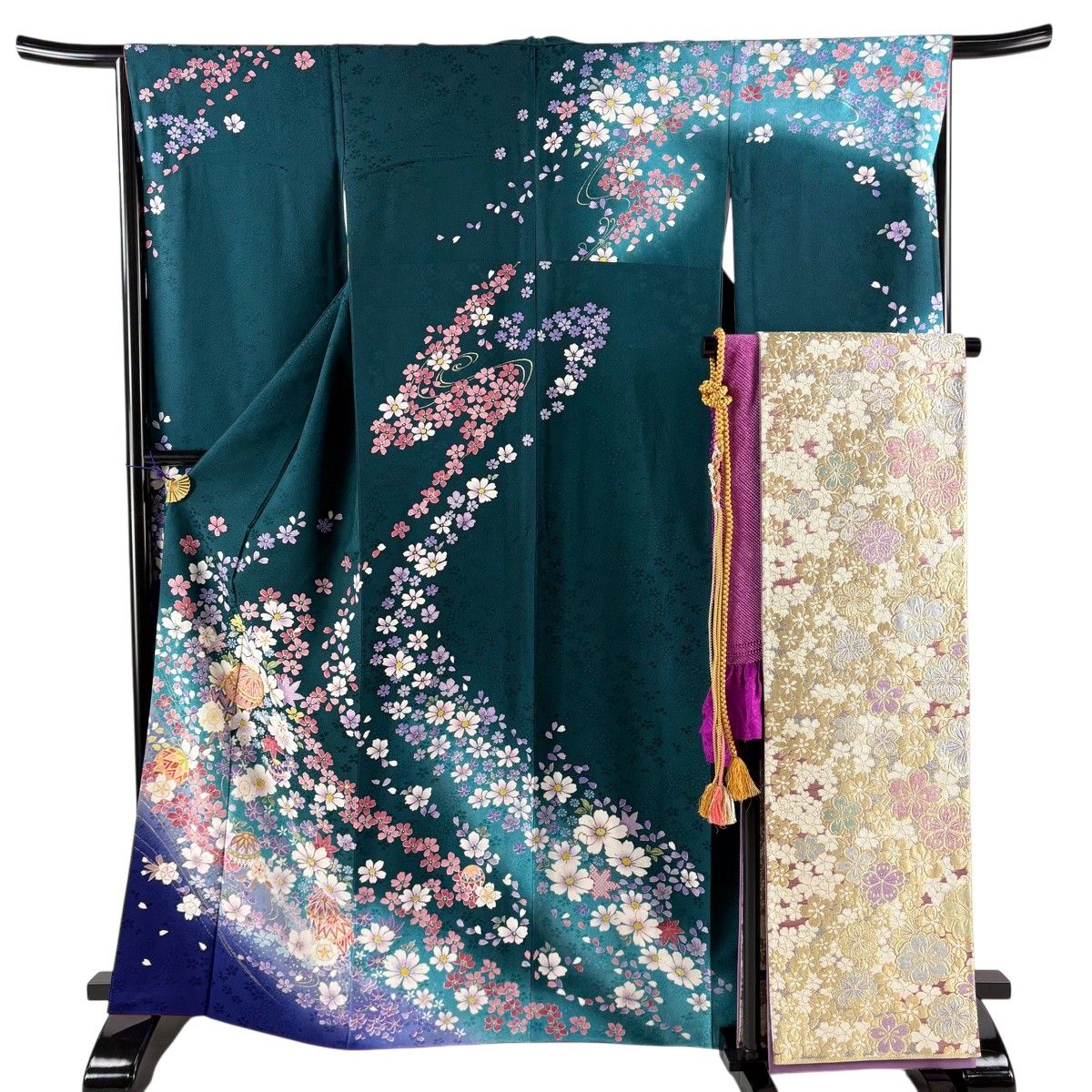 美品】 振袖 身丈165cm 裄丈66cm M 袷 袋帯フルセット 手鞠 草花 金糸