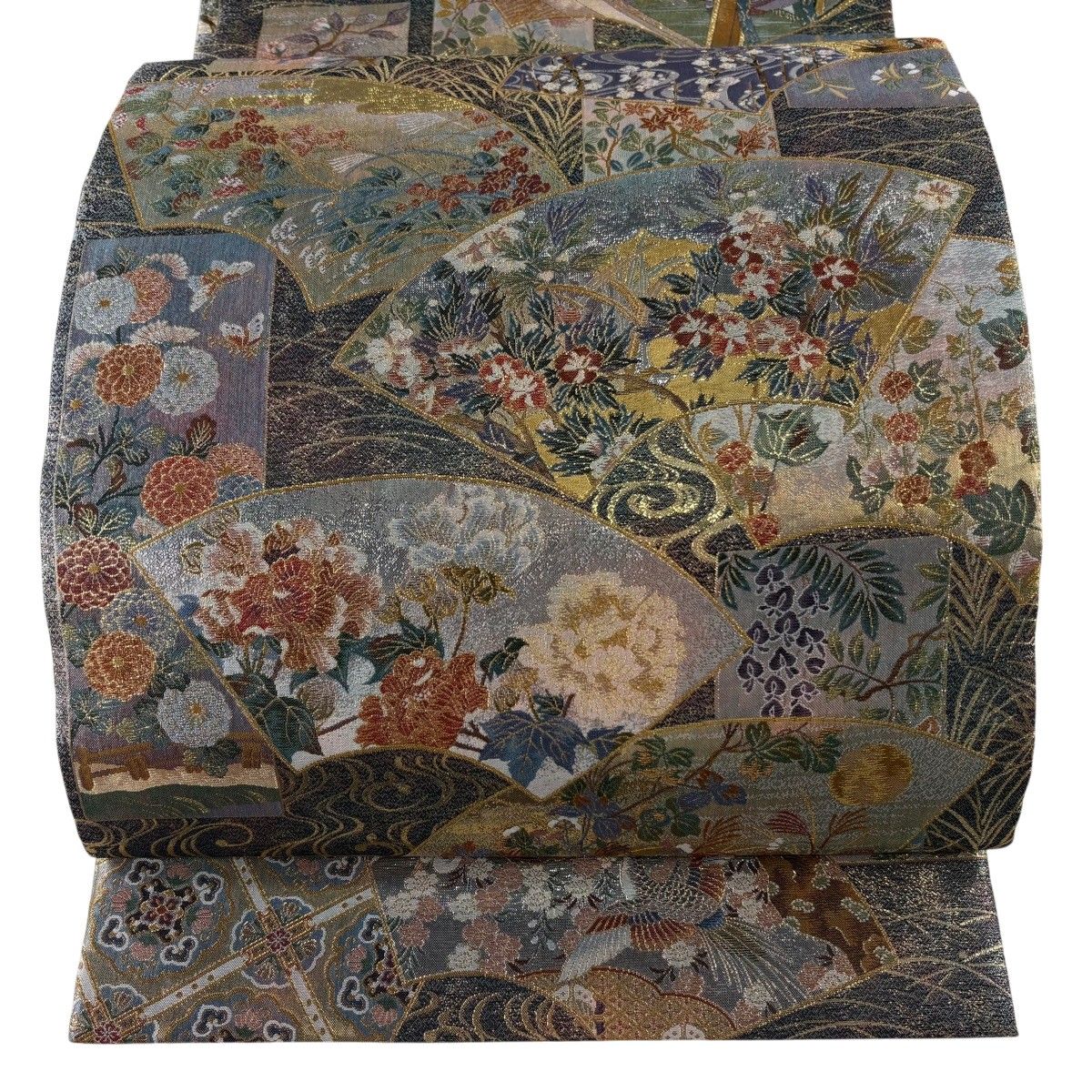 【美品】 丸帯 逸品 プラチナ本金箔壱阡八百口織 伝承国宝図 扇面 草花 箔 青紫 お太鼓柄 正絹 【中古】
