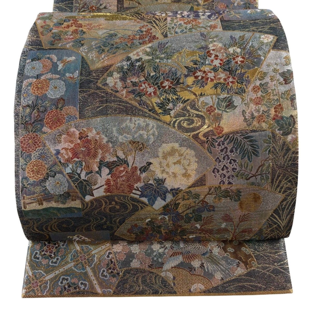 【美品】 丸帯 逸品 伝承国宝図 扇面 箔 金色 お太鼓柄 正絹 【中古】