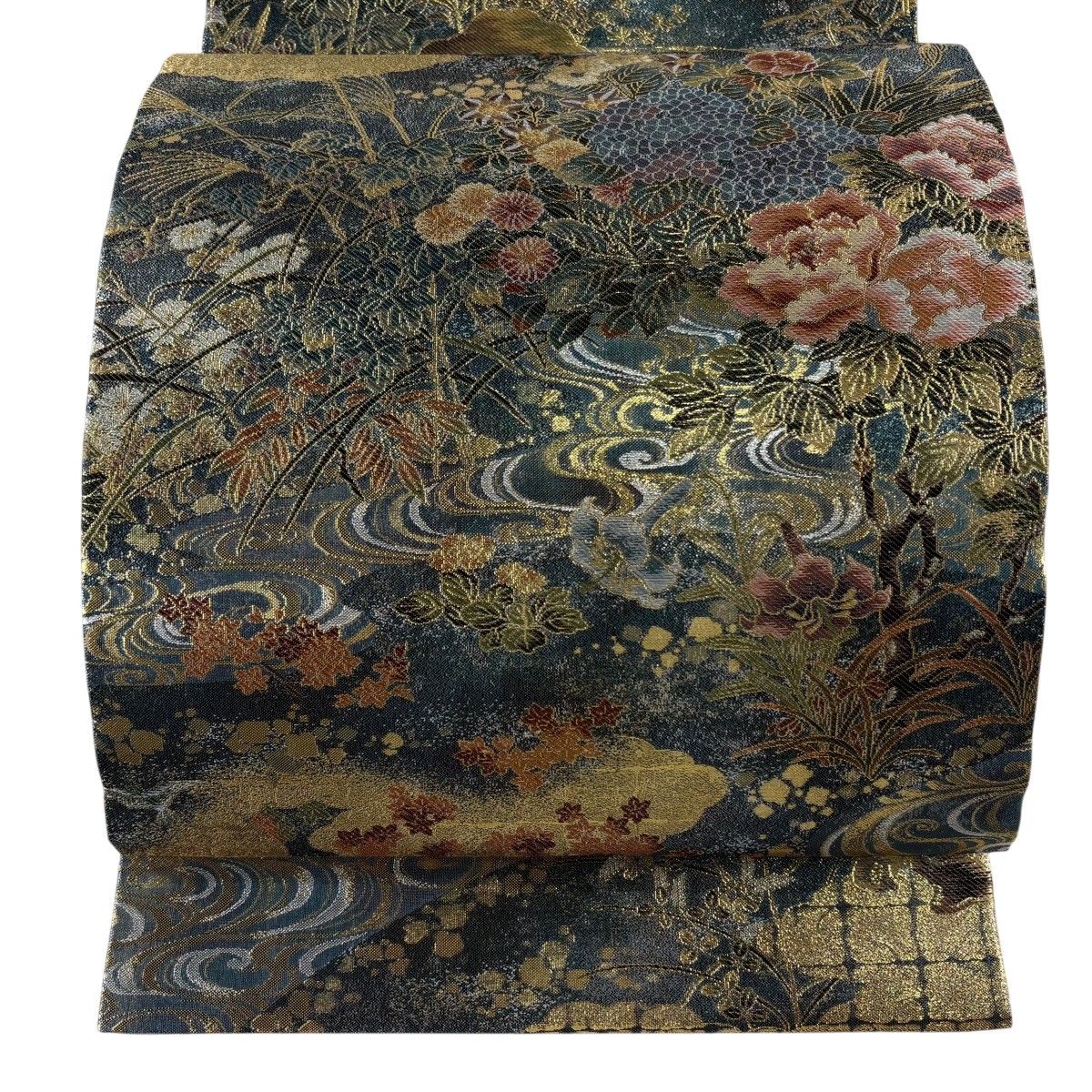 【美品】 丸帯 逸品 落款 花鳥画の四季 草花 箔 青緑 お太鼓柄 正絹 【中古】