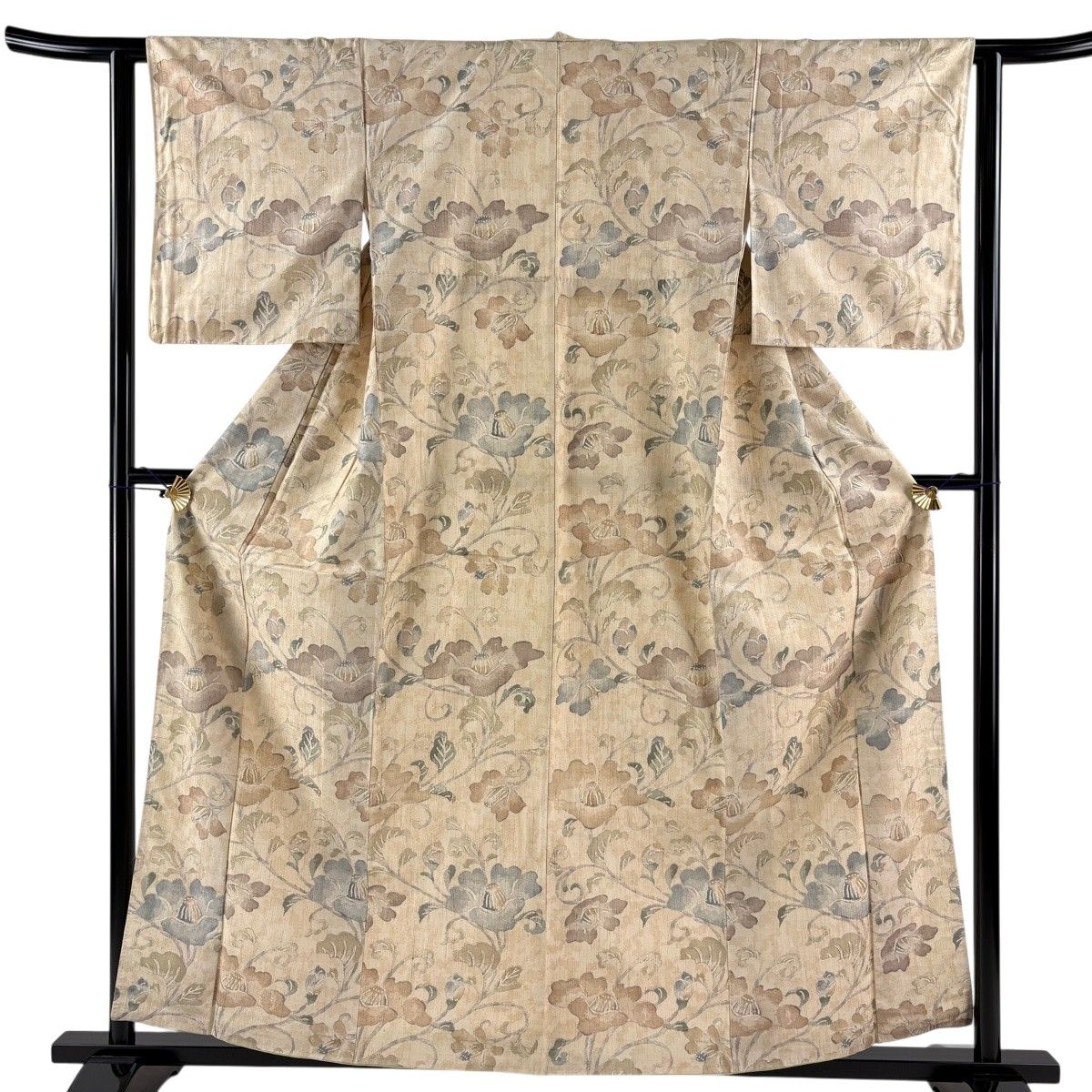 美品】 小紋 身丈158cm 裄丈62cm S 袷 紬地 花唐草 ベージュ 正絹 秀品