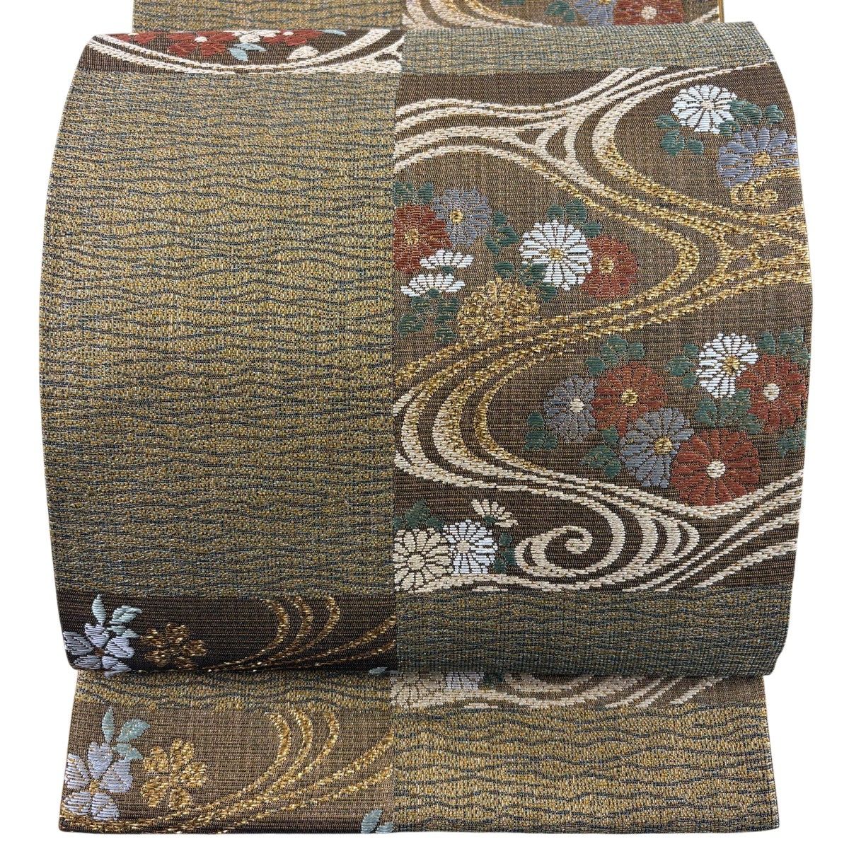 美品】 袋帯 秀品 草花 流水 金糸 箔 茶緑色 六通 正絹 【中古