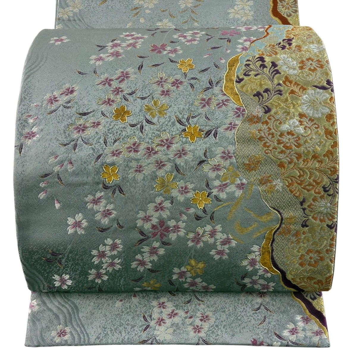 秀品 袋帯 六通 草花 箔 美品 青灰色 正絹 金銀糸 中古 銀色 縞 競ナビ 
