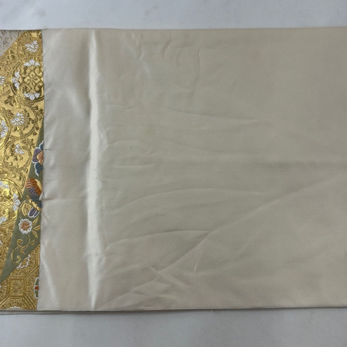 美品】 袋帯 秀品 川島織物 落款 華文 花喰い鳥 金糸 箔 ベージュ 六通