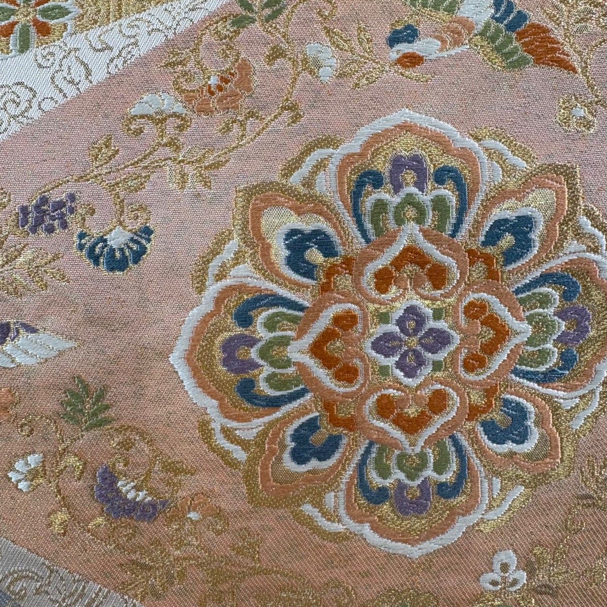 美品】 袋帯 秀品 川島織物 落款 華文 花喰い鳥 金糸 箔 ベージュ 六通
