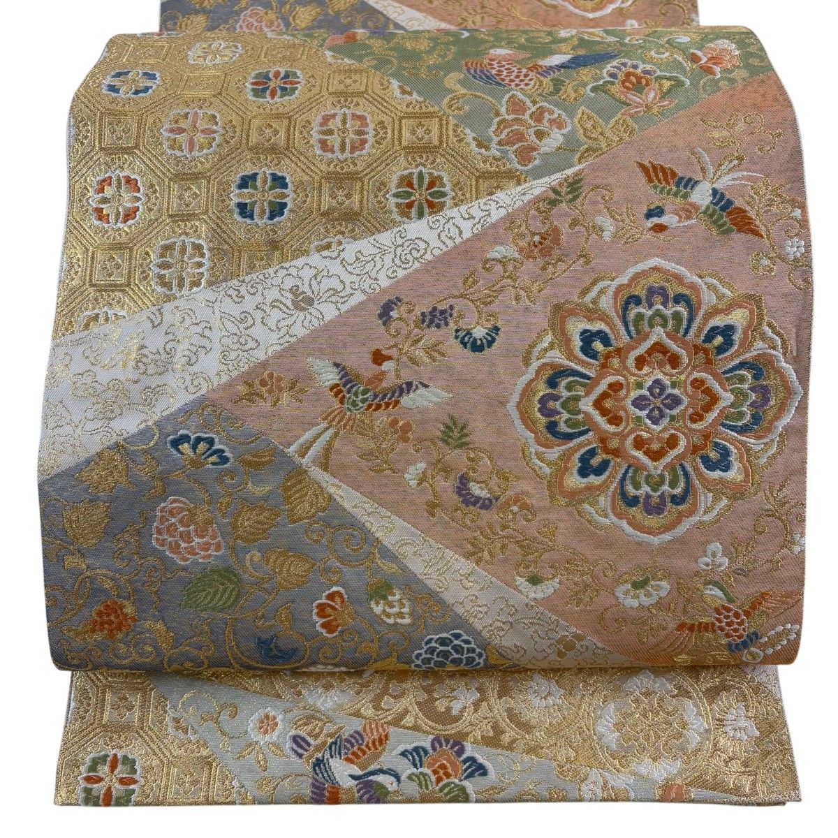美品】 袋帯 秀品 川島織物 落款 華文 花喰い鳥 金糸 箔 ベージュ 六通