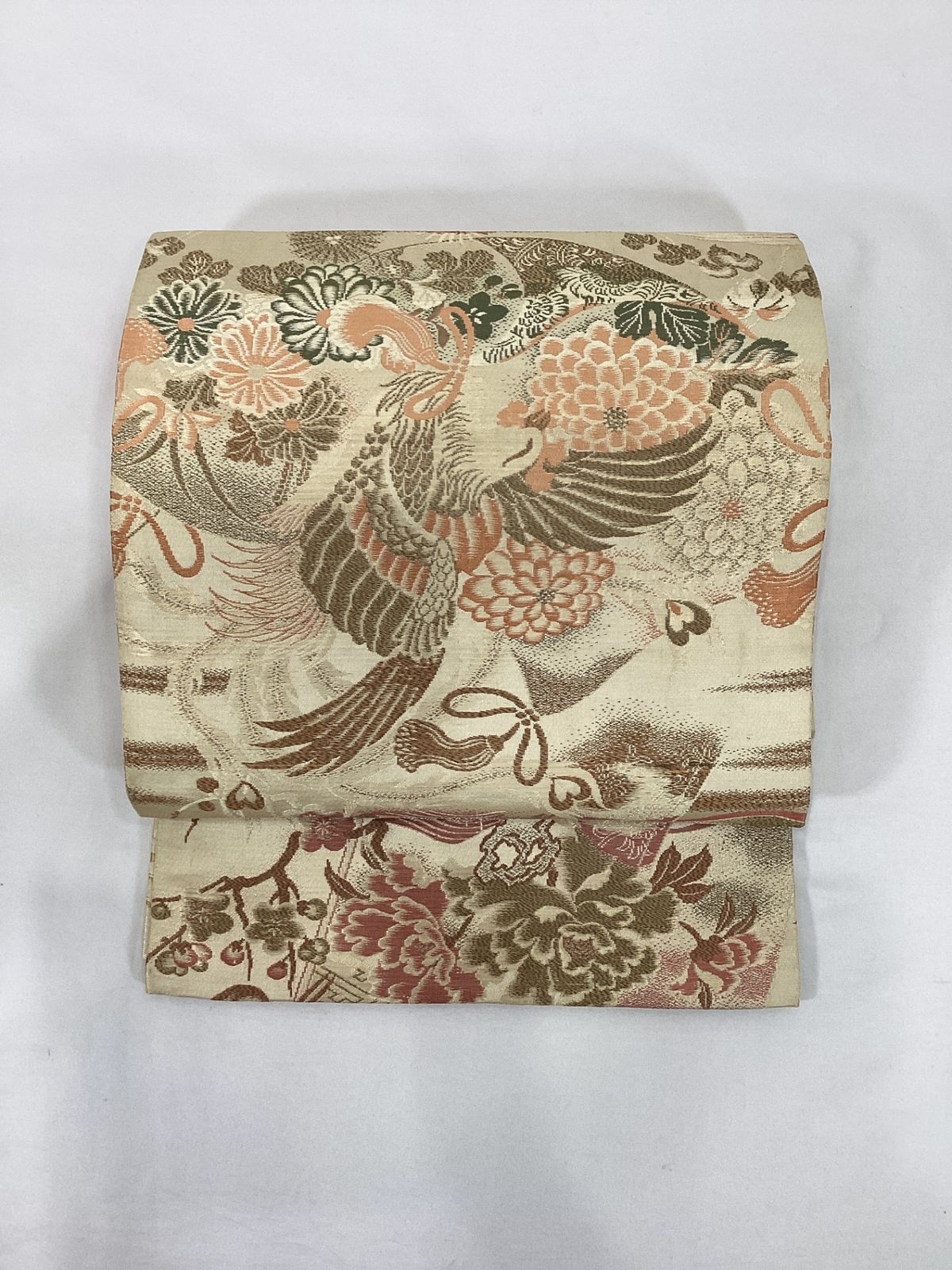 ＳＳお仕立て上がり正絹袋帯　薄ベージュ地に花、鳳凰模様 袋帯/丸帯/美品/正絹/ベージュ/鳳凰/仕立上がり/12698 - メルカリ