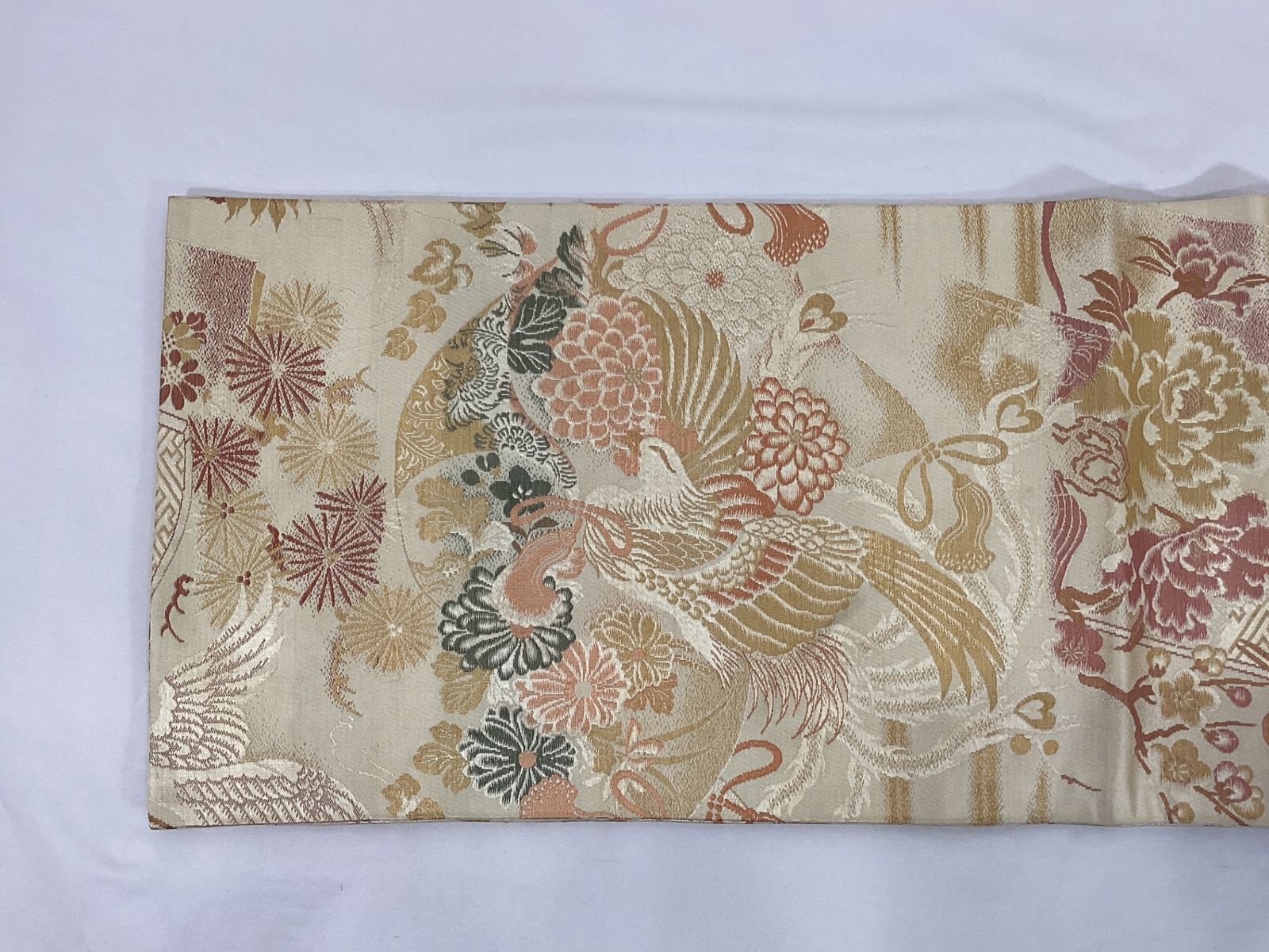 ＳＳお仕立て上がり正絹袋帯　薄ベージュ地に花、鳳凰模様 袋帯/丸帯/美品/正絹/ベージュ/鳳凰/仕立上がり/12698 - メルカリ