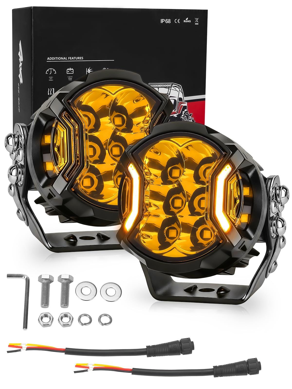 新品 Chelhead 3インチ LED作業灯 三面発光 円型 92w LED補助灯 広角キット、デイタイム日行灯付き サイドシュート式オフロード走行灯、270°コンビネーションビームモード汎用補助灯、トラック/ジムニー/牧馬人フォルトラックに適用し (3イン