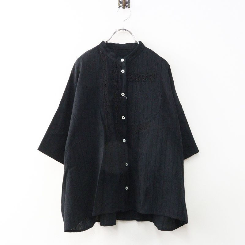 未使用 コットンハウスアヤ Cotton House Aya Yesterday Cross レース装飾 ドビー刺繍バンドカラーシャツ M ブラック┃【2400014923889】 未使用 コットンハウスアヤ Cotton House Aya Yesterday Cross レース