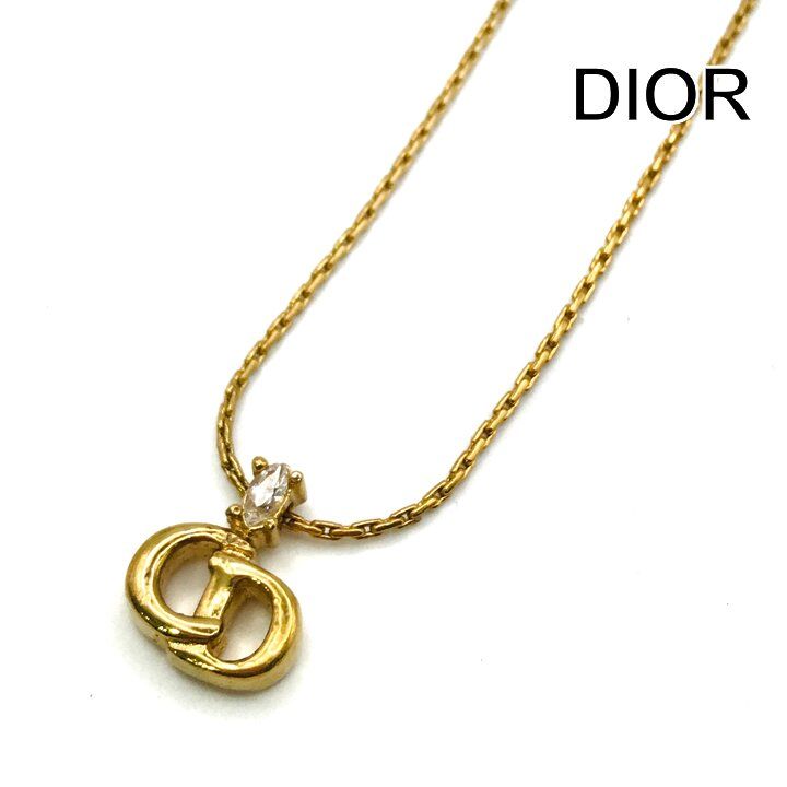 美品 Christian Dior ディオール CDロゴ ストーン チェーン ネックレス 