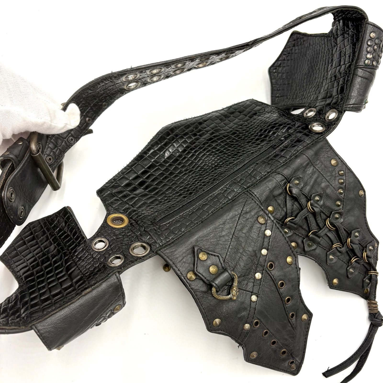 design leather west bag Y2K お兄さん系 kmrii Auth KMRii Studded Leather Waist Bag Utility Belt Y2K Archive