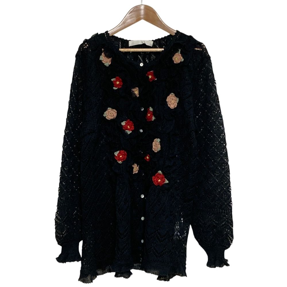 美品 PINK HOUSE ピンクハウス フラワー刺繍 クロシェニット カーディガン ブラック レディース 古着 中古 USED 美品 PINK HOUSE ピンクハウス フラワー刺繍 クロシェニット