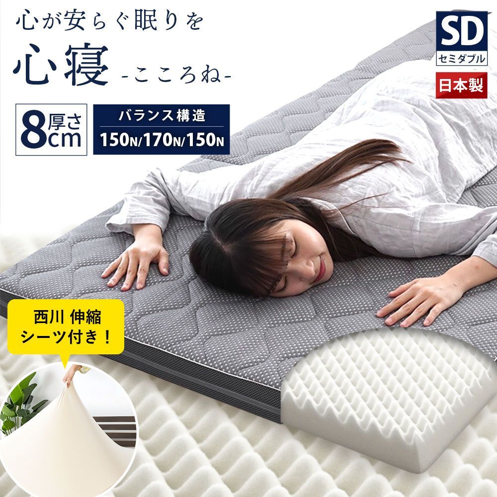 【西川シーツ付きセット】高反発マットレス セミダブル 日本製 自社製造 三つ折り 凹凸プロファイル キルトマットレス レギュラー 厚み8cm 心寝 新品【HSD-TQ-KKN01B】