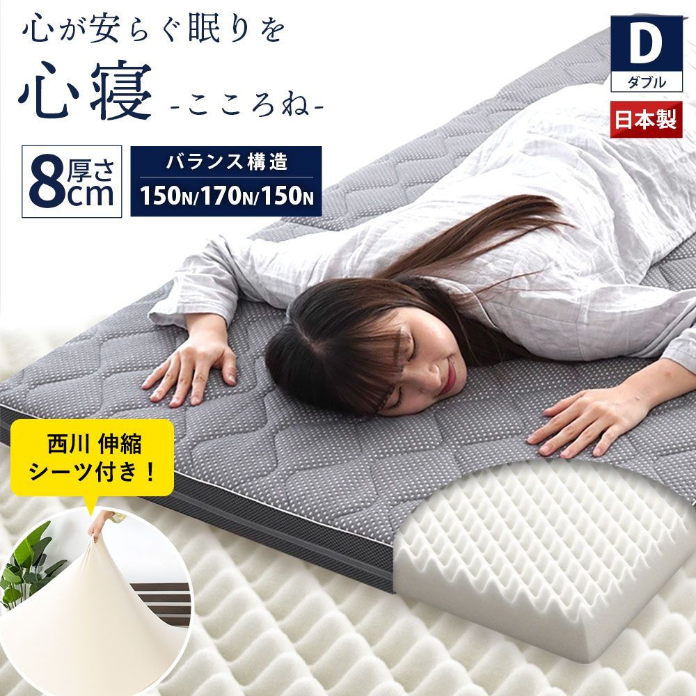 【西川シーツ付きセット】高反発マットレス ダブル 日本製 自社製造 三つ折り 凹凸プロファイル キルトマットレス レギュラー 厚み8cm 心寝 新品【HD-TQ-KKN01B】