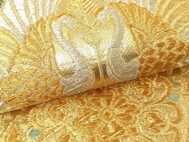 平和屋本店▼六通柄袋帯　唐織　花鳥文　本金箔二重織　正絹　24ｋ　逸品　DABE9127sf 平和屋本店▽六通柄袋帯 唐織 花鳥文 本金箔二重織 正絹 24k 逸品