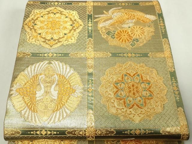 平和屋本店▼六通柄袋帯　唐織　正倉院花文　本金　正絹　24ｋ　逸品　DABE9135sf 平和屋本店▽佐賀錦 六通柄袋帯 正倉院飛鶴花文 本金箔 正絹 逸品