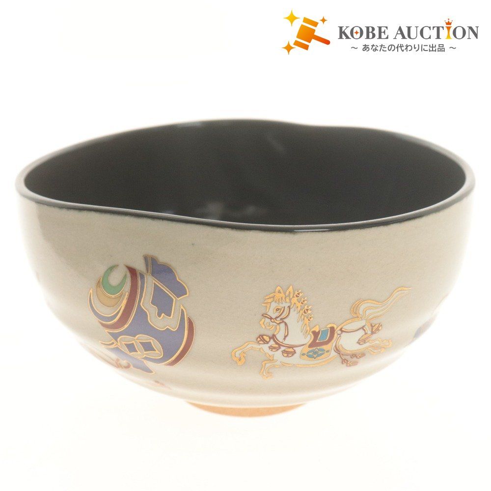 443『馬 抹茶茶碗』　/骨董品 古美術 アンティーク 古玩 □ 抹茶茶碗 飾り馬 総柄 宝 茶道具 陶器 縁起 馬九 開運 運気上昇 刻