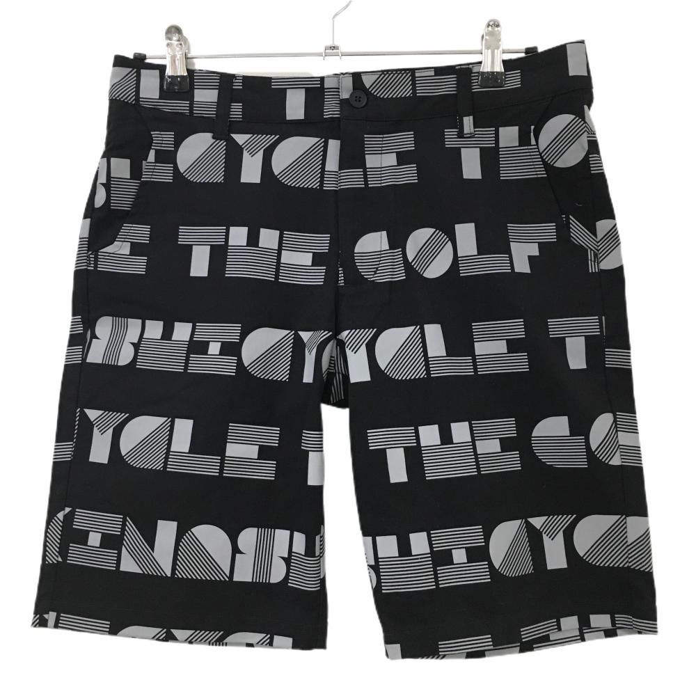 美品】木梨サイクル ハーフパンツ 黒×グレー 英字総柄 メンズ M ゴルフ