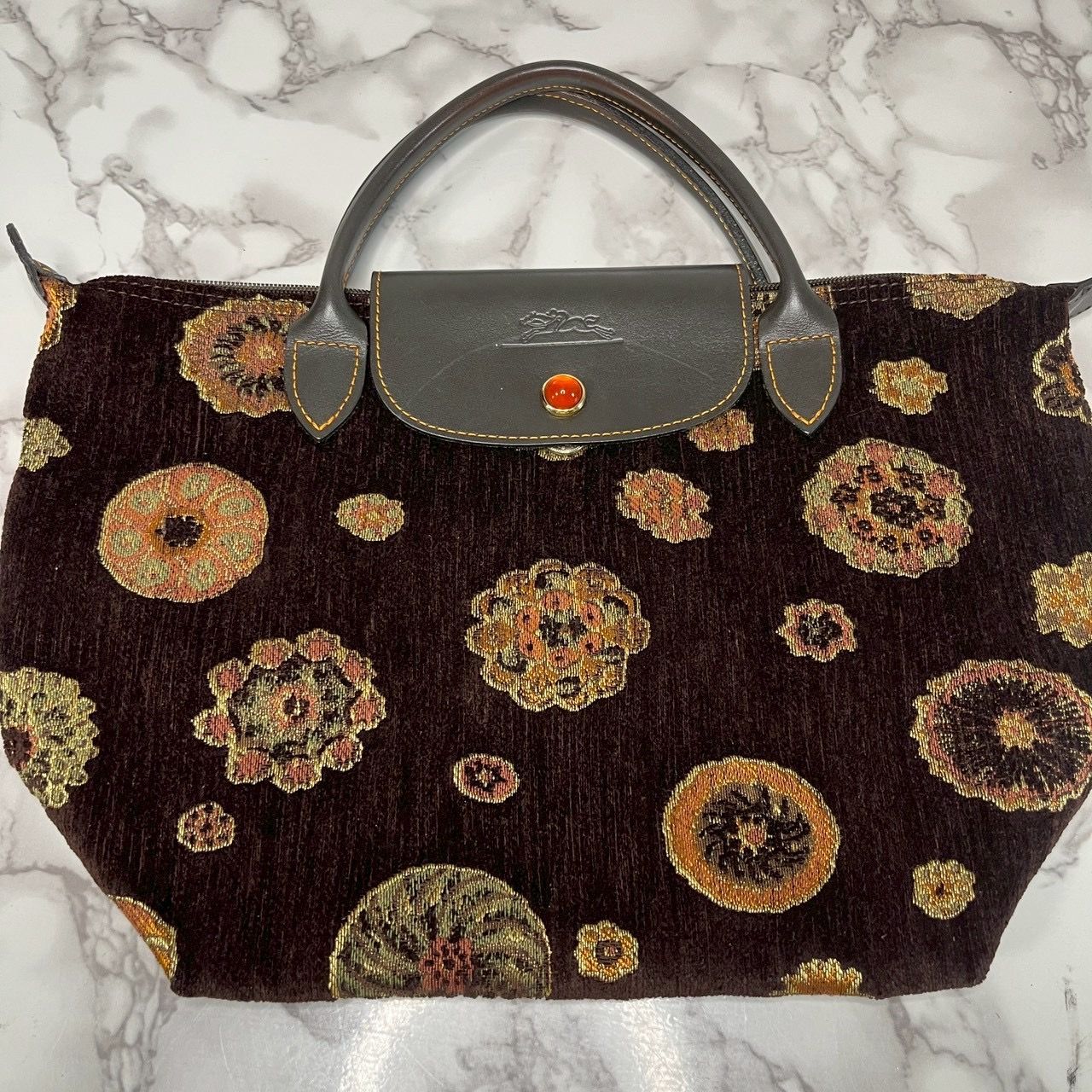 【良品】ロンシャン LONGCHAMP ハンドバッグ 総柄 ベロア調 レザー切替 ブラウン系