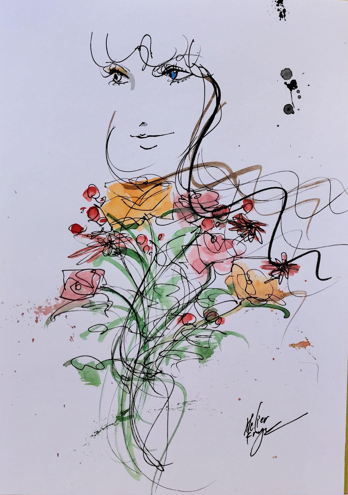 原画#471 女性画 花 水彩画 ドローイング 絵 イラスト アート