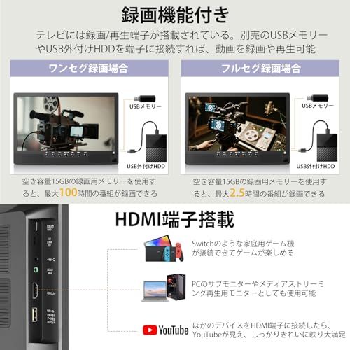 ポータブルテレビ 14.1インチ テレビ小型 録画機能 日時指定録画予約可 xdsservice ノーブランド/ポータブルテレビ14.1インチ/PTV14-W