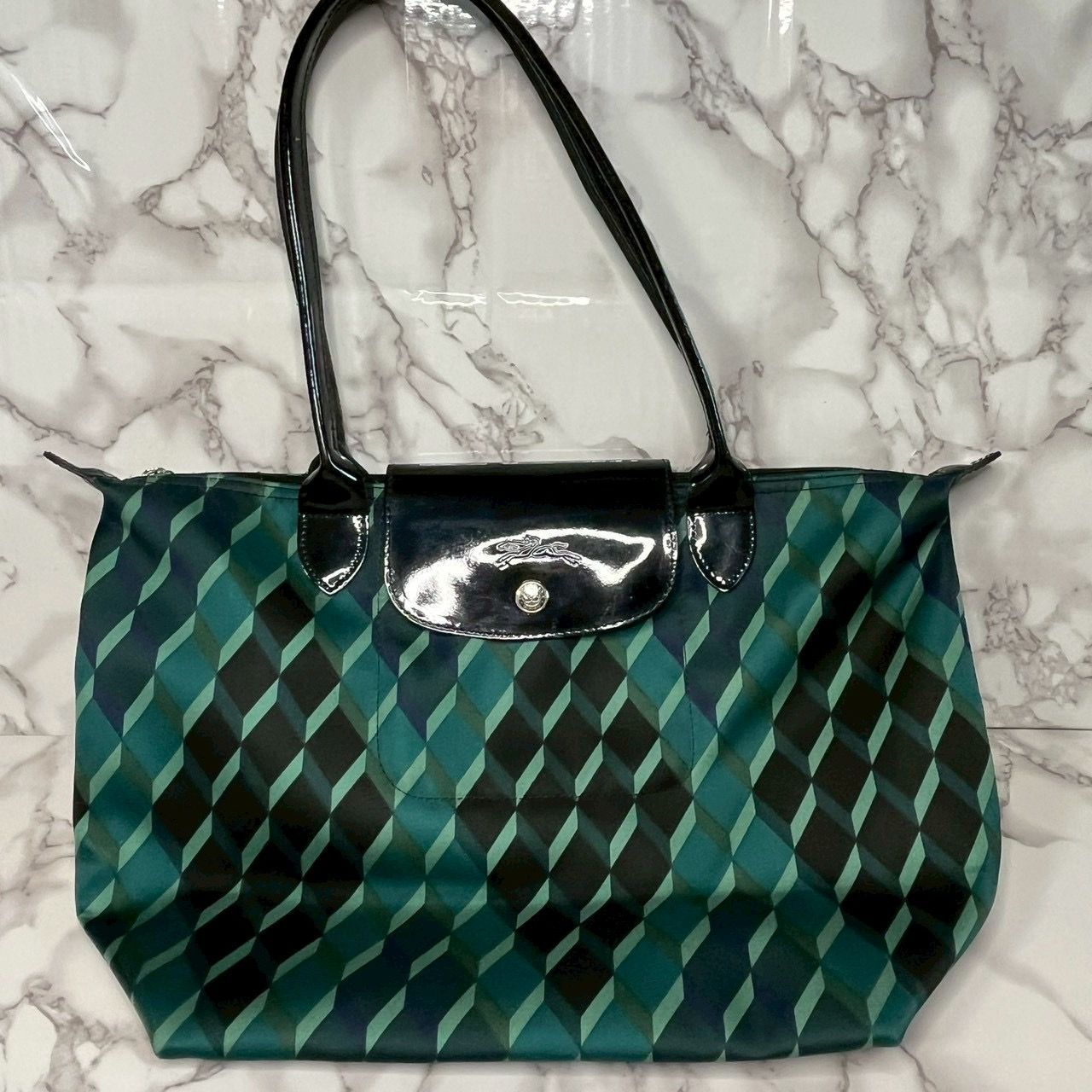 良品】ロンシャン LONGCHAMP トートバッグ 幾何学柄 グリーン ナイロン 