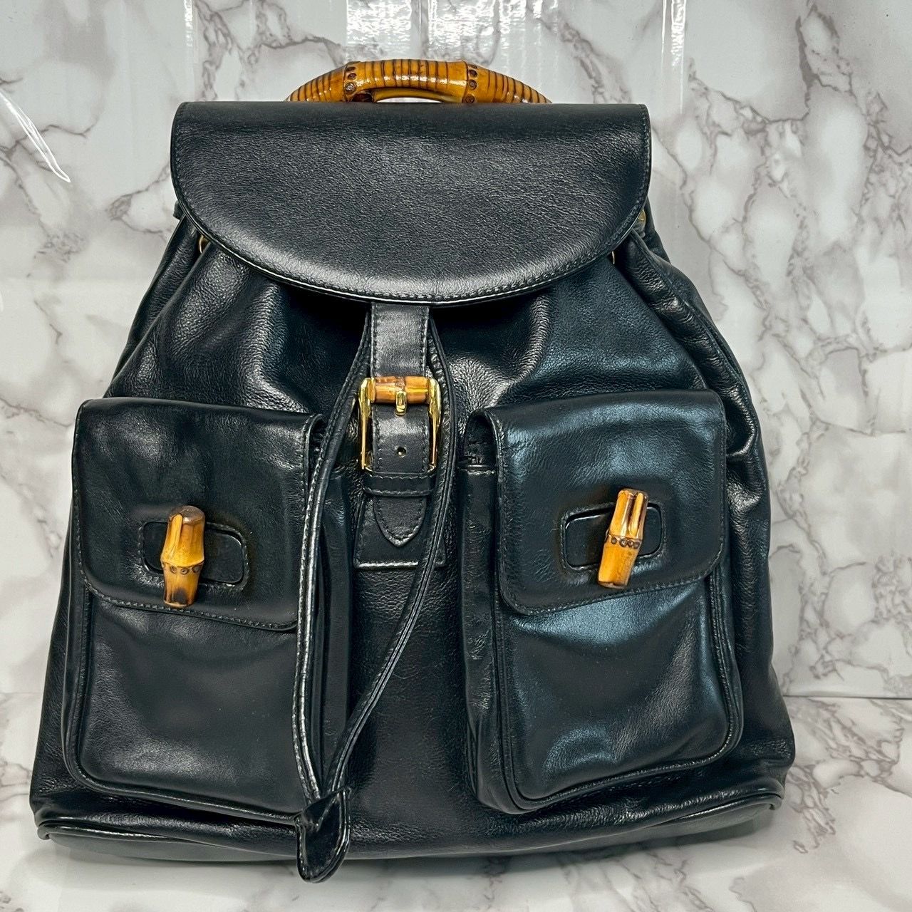 良品】グッチ GUCCI バンブー リュック レザー ブラック バックパック