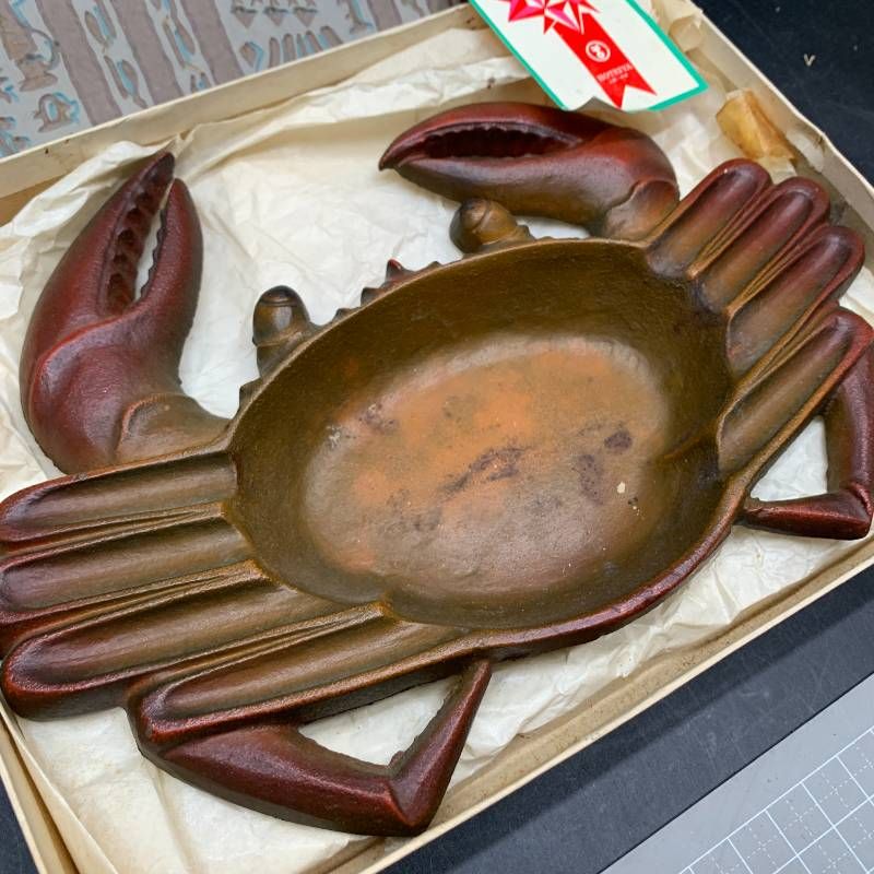 Q437美術鋳物製品 蟹のお皿 レトロ/カニ/蟹/灰皿（金属製/銘入り/日本