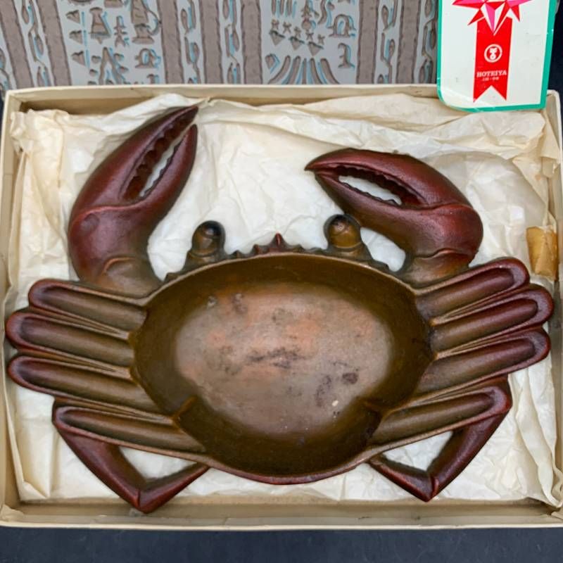 Q437美術鋳物製品 蟹のお皿 レトロ/カニ/蟹/灰皿（金属製/銘入り/日本