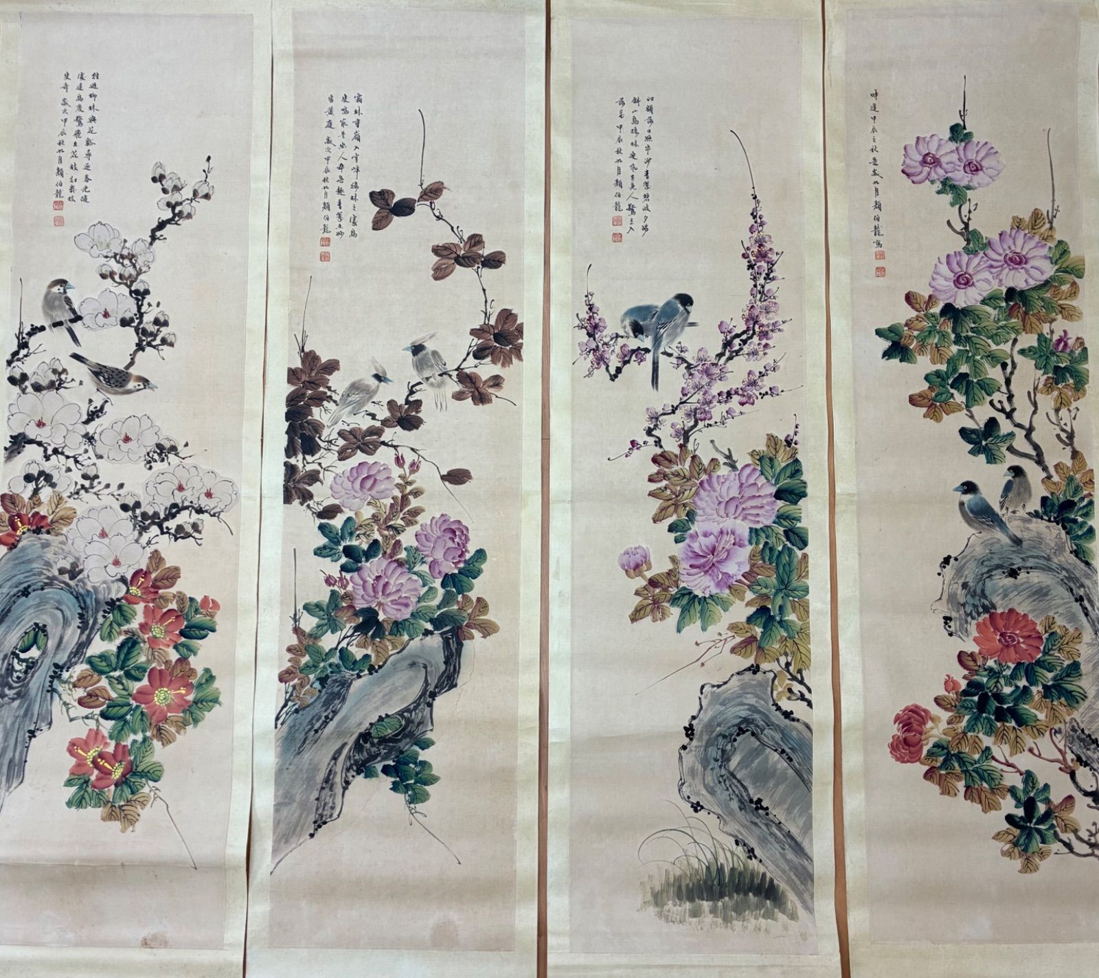 激安大特価！】中国画 掛軸 四幅対 花鳥図 颜伯龙 在銘 古美術その他の