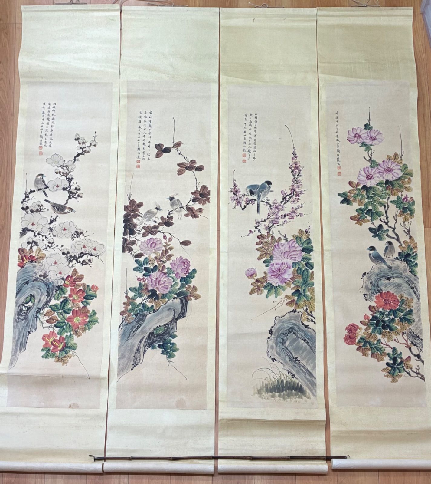 中国画 掛軸 四幅対 花鳥図 颜伯龙 在銘 古美術