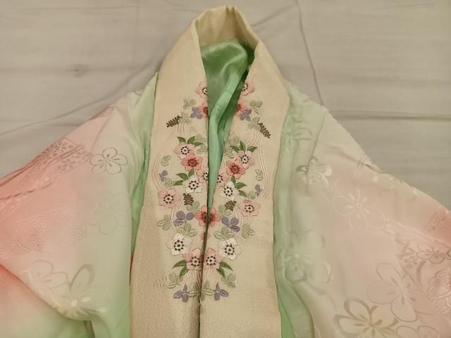 平和屋着物●振袖用長襦袢　無双仕立て　扇面花文　半衿刺繍　正絹　逸品　AABF9025ck 平和屋着物○振袖用長襦袢 無双仕立て 扇面花文 半衿刺繍 正絹 逸品