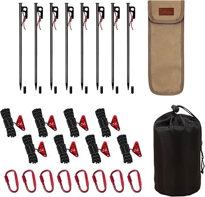 Vivrella テント タープ 用 ロープセット 長さ5M 耐荷重300Kg 自在金具 カラビナ ペグ 30cm キャップ 紐 ケース 収納袋 (30cmペグ8本 フルセット, 4mm)