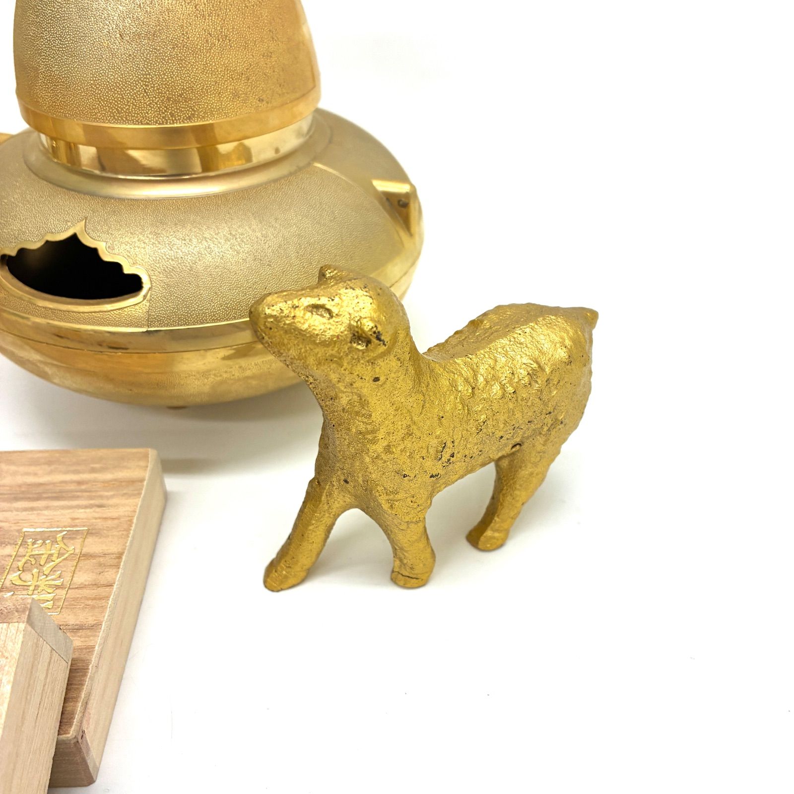 ◇24KGP 置物 縁起物 金メッキ 高砂 人形 扇 打ち出の小槌 犬 そろばん 
