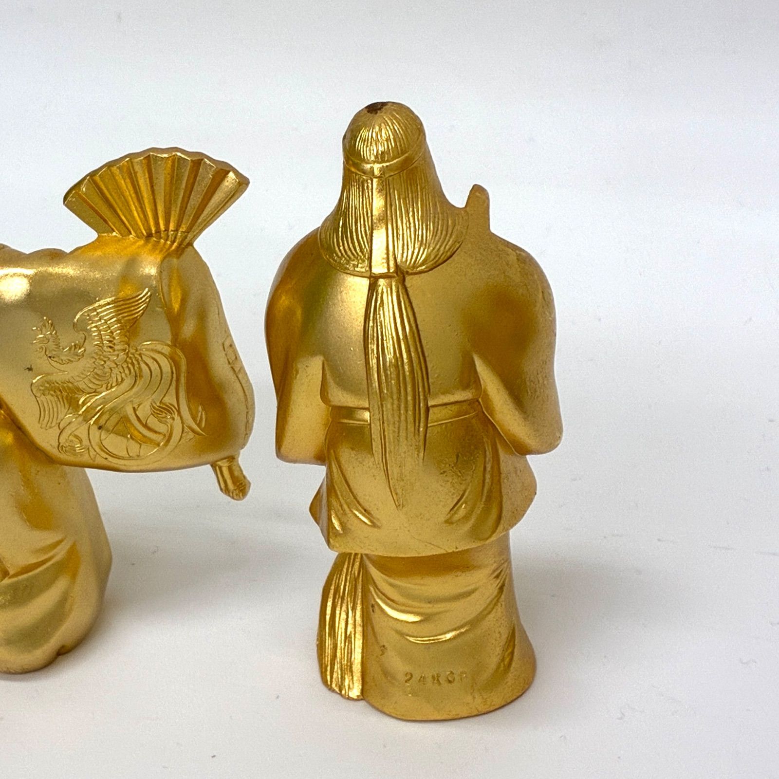 ◇24KGP 置物 縁起物 金メッキ 高砂 人形 扇 打ち出の小槌 犬 そろばん 